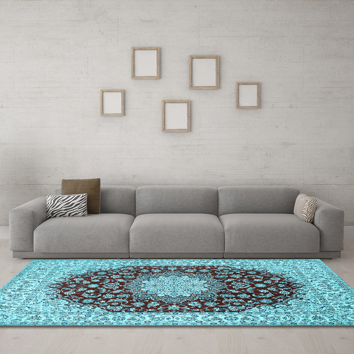 Machine Washable Medallion Light Blue Traditional Rug in a Living Room, wshtr725lblu
