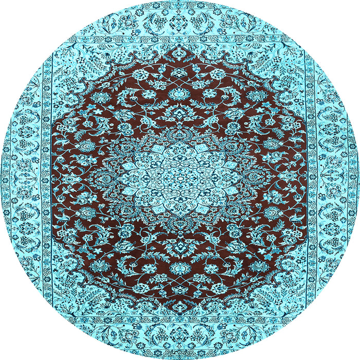 Round Machine Washable Medallion Light Blue Traditional Rug, wshtr725lblu