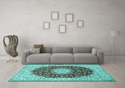 Machine Washable Medallion Turquoise Traditional Area Rugs in a Living Room,, wshtr725turq