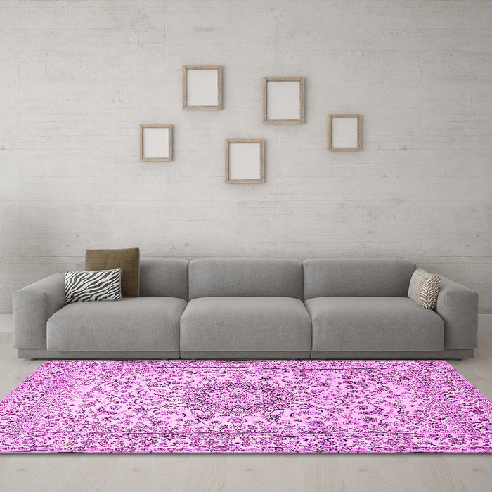 Machine Washable Medallion Pink Traditional Rug in a Living Room, wshtr726pnk