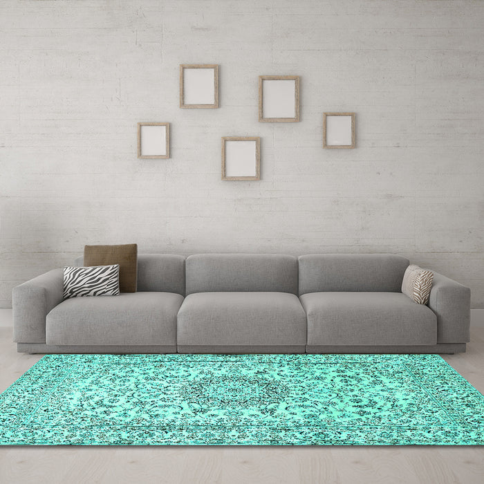 Machine Washable Medallion Turquoise Traditional Area Rugs in a Living Room,, wshtr726turq