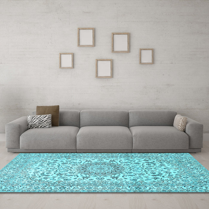 Machine Washable Medallion Light Blue Traditional Rug in a Living Room, wshtr726lblu