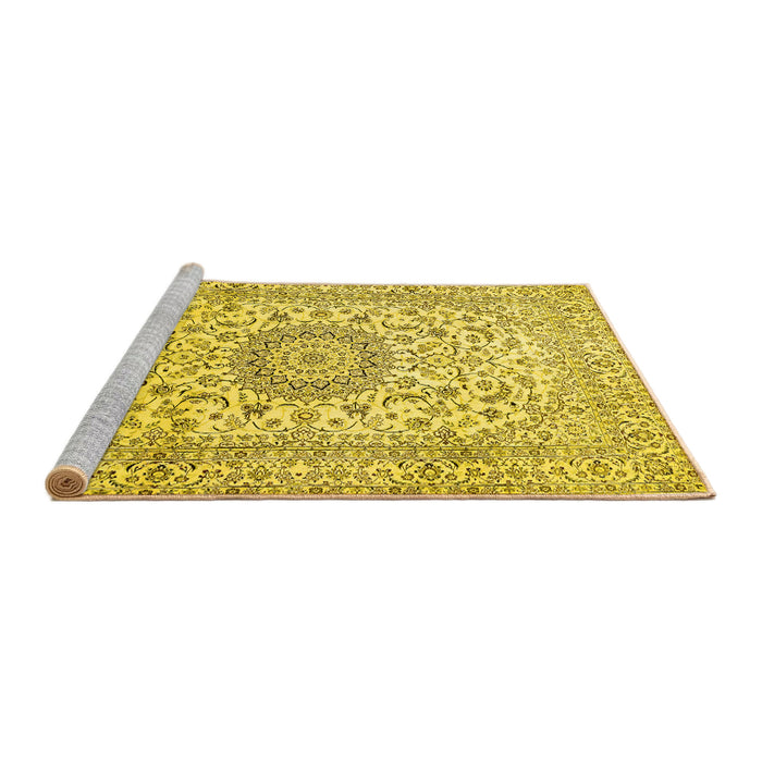 Sideview of Machine Washable Medallion Yellow Traditional Rug, wshtr726yw
