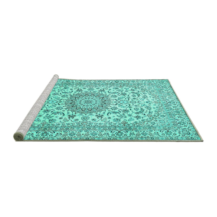 Sideview of Machine Washable Medallion Turquoise Traditional Area Rugs, wshtr726turq