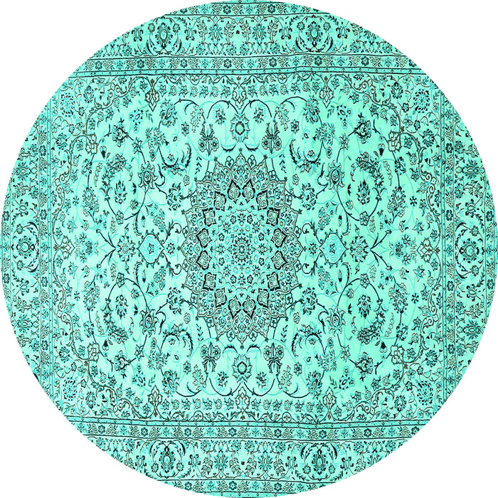 Round Machine Washable Medallion Turquoise Traditional Area Rugs, wshtr726turq