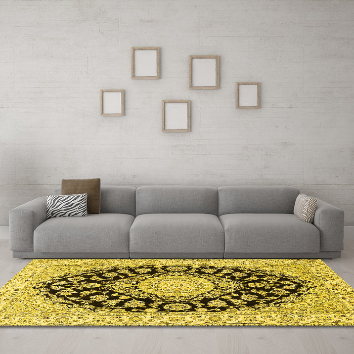 Machine Washable Medallion Yellow Traditional Rug in a Living Room, wshtr727yw