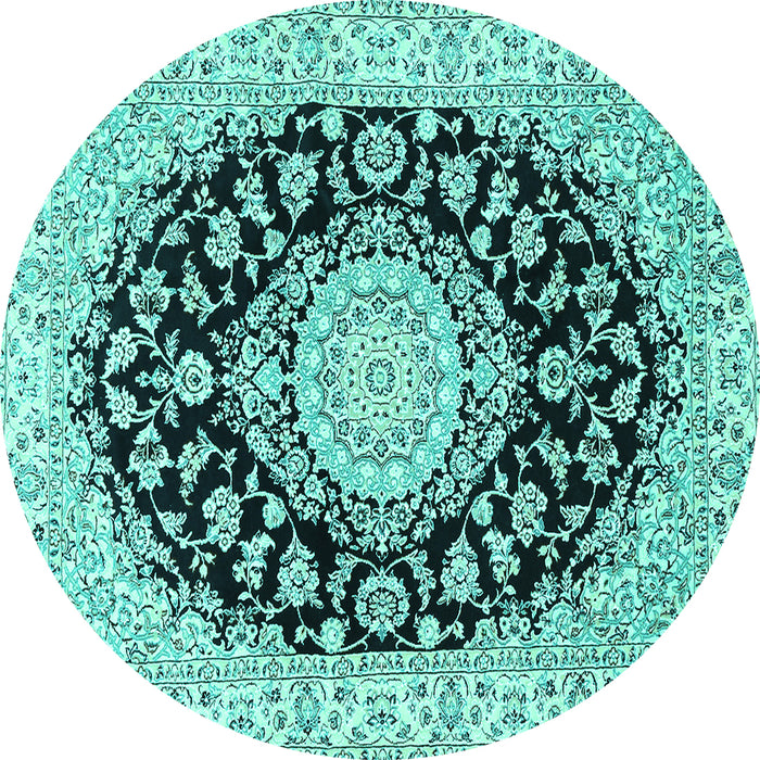Round Machine Washable Medallion Turquoise Traditional Area Rugs, wshtr727turq