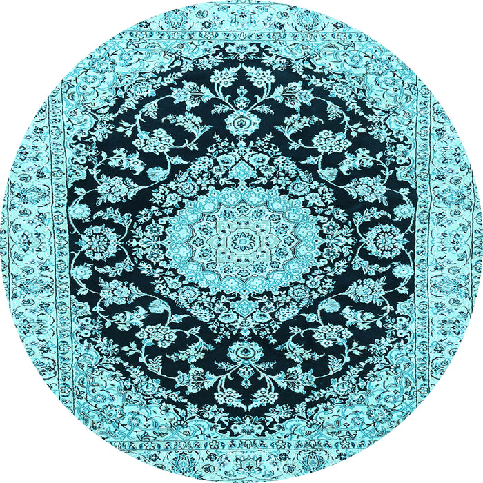 Round Machine Washable Medallion Light Blue Traditional Rug, wshtr727lblu