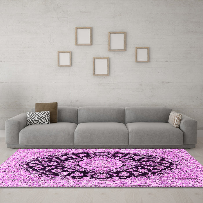 Machine Washable Medallion Pink Traditional Rug in a Living Room, wshtr727pnk