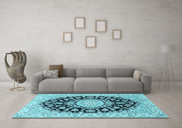 Machine Washable Medallion Light Blue Traditional Rug in a Living Room, wshtr727lblu