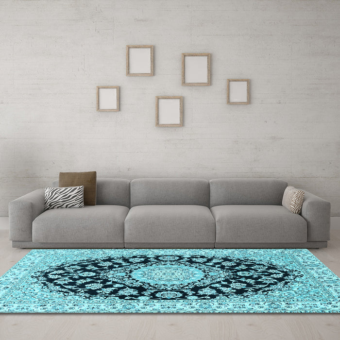 Machine Washable Medallion Light Blue Traditional Rug in a Living Room, wshtr727lblu