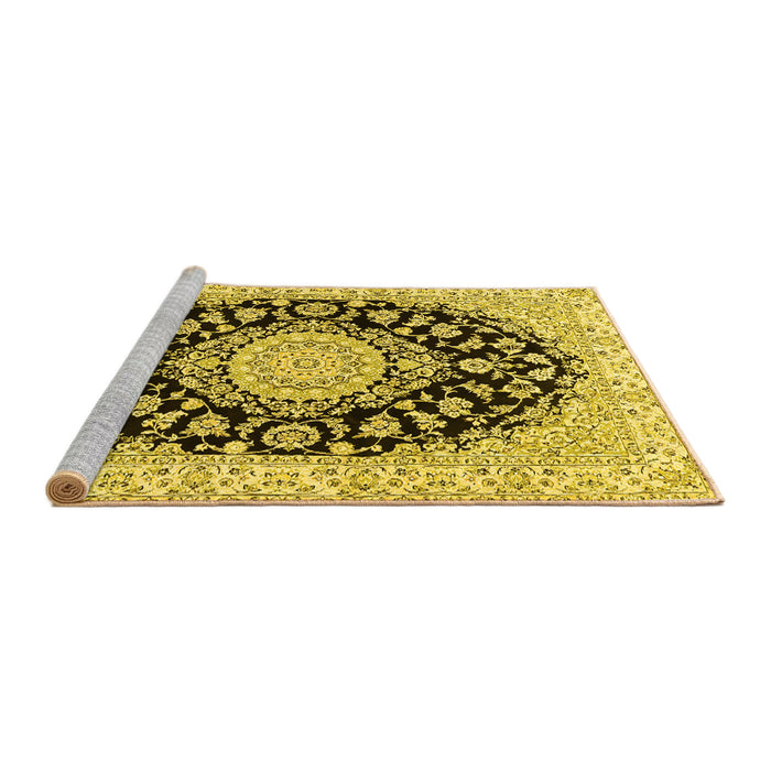 Sideview of Machine Washable Medallion Yellow Traditional Rug, wshtr727yw