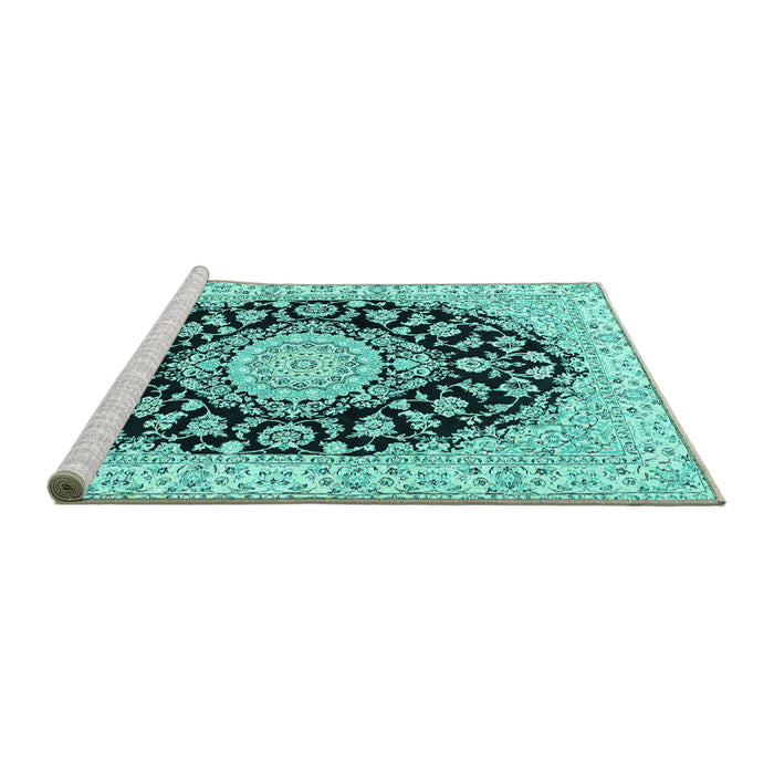 Sideview of Machine Washable Medallion Turquoise Traditional Area Rugs, wshtr727turq