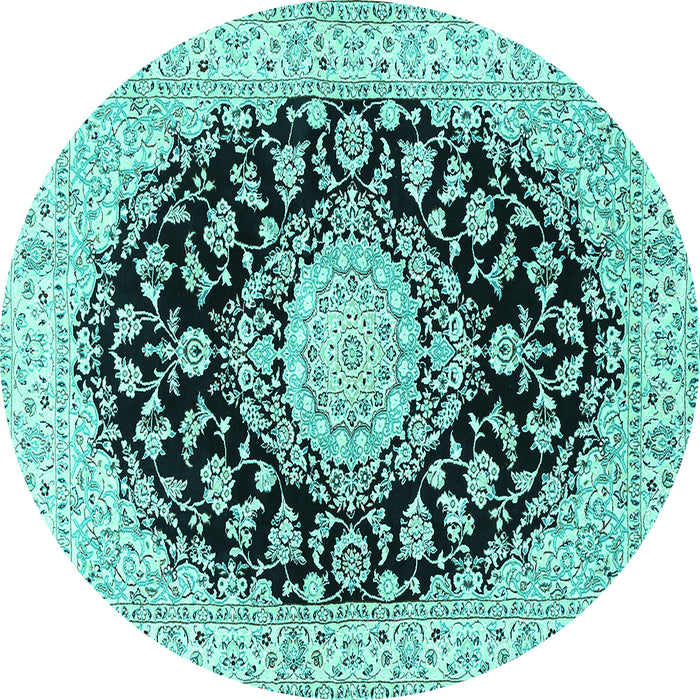 Round Machine Washable Medallion Turquoise Traditional Area Rugs, wshtr728turq