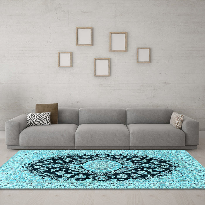 Machine Washable Medallion Light Blue Traditional Rug in a Living Room, wshtr728lblu