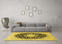 Machine Washable Medallion Yellow Traditional Rug, wshtr728yw