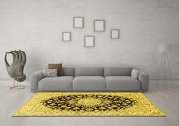 Machine Washable Medallion Yellow Traditional Rug in a Living Room, wshtr728yw