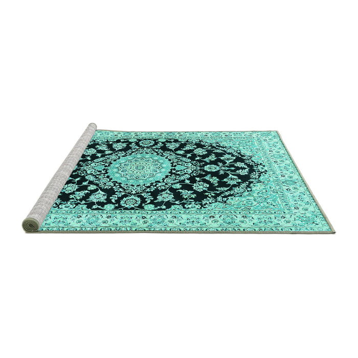 Sideview of Machine Washable Medallion Turquoise Traditional Area Rugs, wshtr728turq