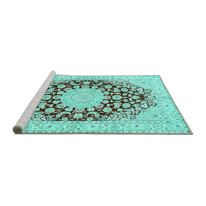 Sideview of Machine Washable Medallion Turquoise Traditional Area Rugs, wshtr729turq