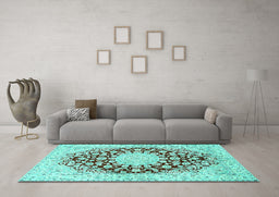 Machine Washable Medallion Turquoise Traditional Area Rugs in a Living Room,, wshtr729turq