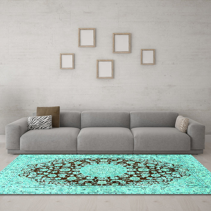 Machine Washable Medallion Turquoise Traditional Area Rugs in a Living Room,, wshtr729turq