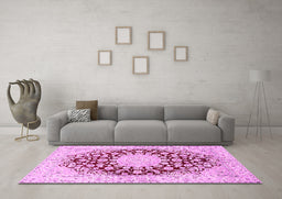 Machine Washable Medallion Pink Traditional Rug in a Living Room, wshtr729pnk