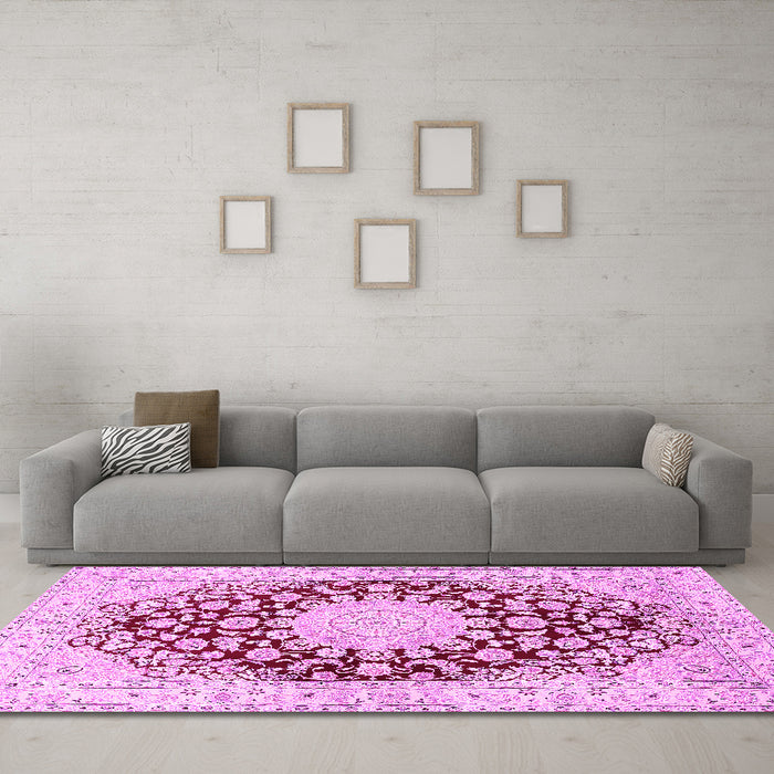 Machine Washable Medallion Pink Traditional Rug in a Living Room, wshtr729pnk