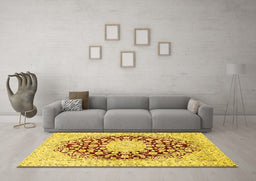 Machine Washable Medallion Yellow Traditional Rug in a Living Room, wshtr729yw