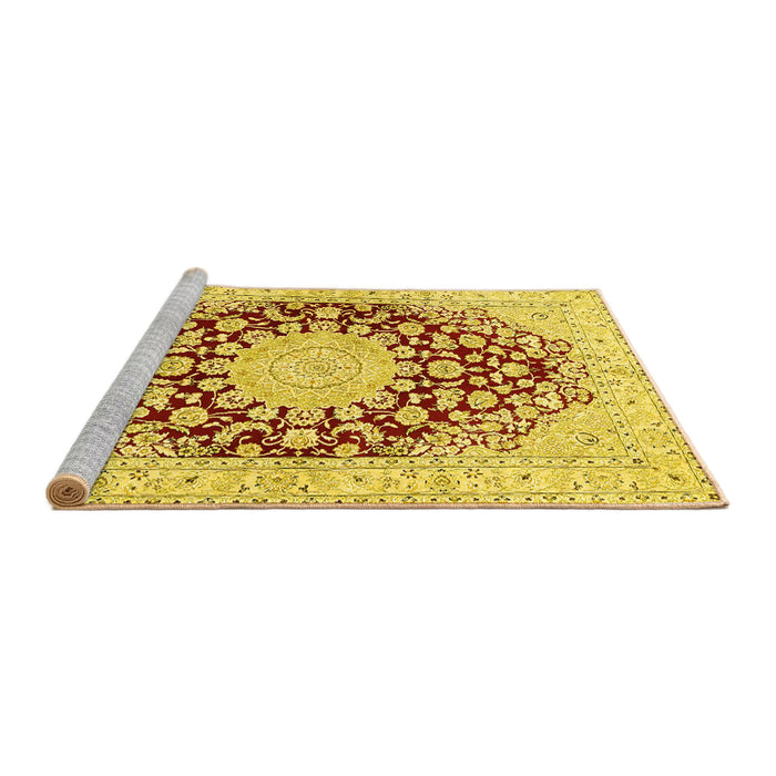 Sideview of Machine Washable Medallion Yellow Traditional Rug, wshtr729yw