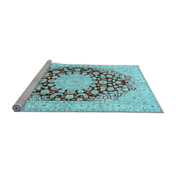 Sideview of Machine Washable Medallion Light Blue Traditional Rug, wshtr729lblu