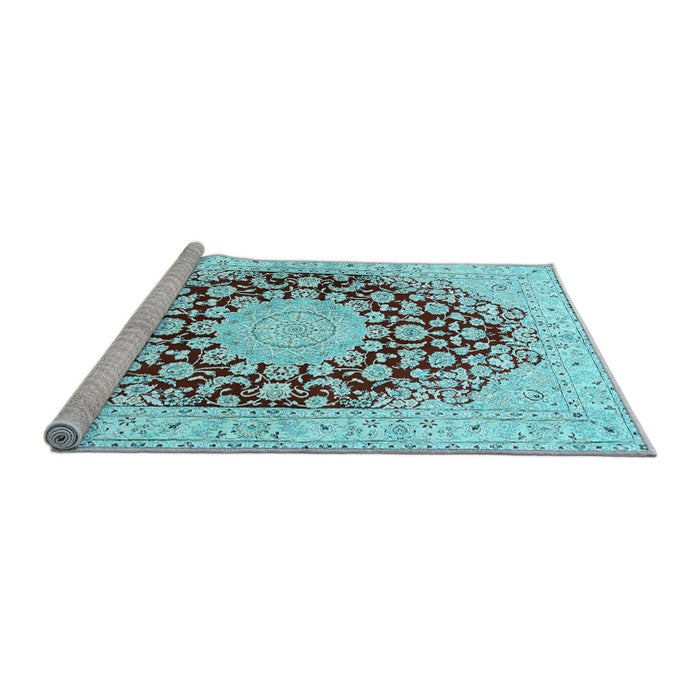 Sideview of Machine Washable Medallion Light Blue Traditional Rug, wshtr729lblu