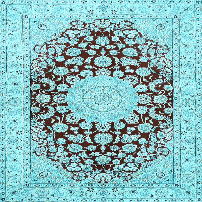 Square Machine Washable Medallion Light Blue Traditional Rug, wshtr729lblu