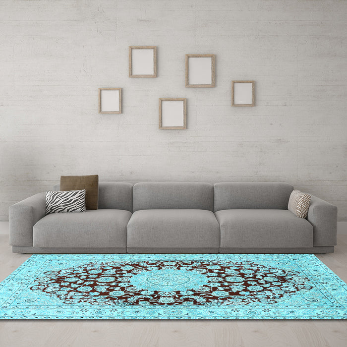 Machine Washable Medallion Light Blue Traditional Rug in a Living Room, wshtr729lblu