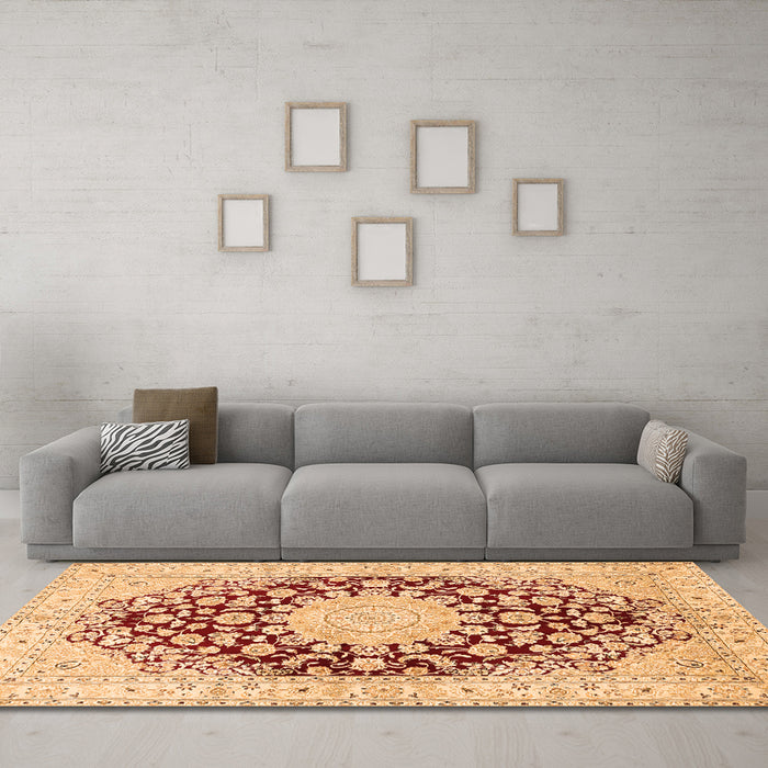 Machine Washable Medallion Orange Traditional Area Rugs in a Living Room, wshtr729org