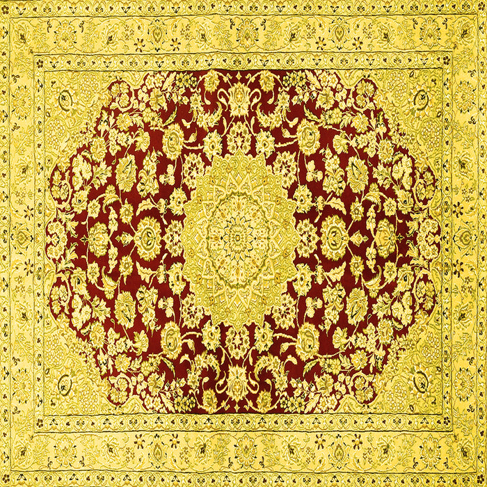 Square Machine Washable Medallion Yellow Traditional Rug, wshtr729yw