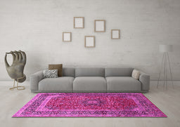 Machine Washable Medallion Pink Traditional Rug in a Living Room, wshtr72pnk