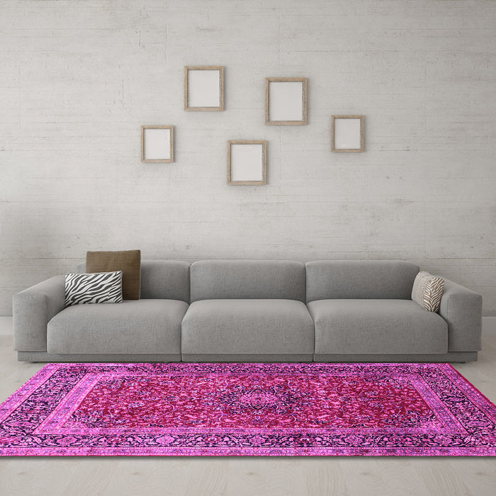 Machine Washable Medallion Pink Traditional Rug in a Living Room, wshtr72pnk