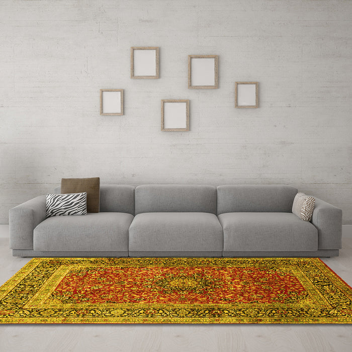 Machine Washable Medallion Yellow Traditional Rug in a Living Room, wshtr72yw