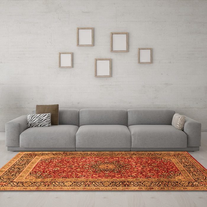 Machine Washable Medallion Orange Traditional Area Rugs in a Living Room, wshtr72org