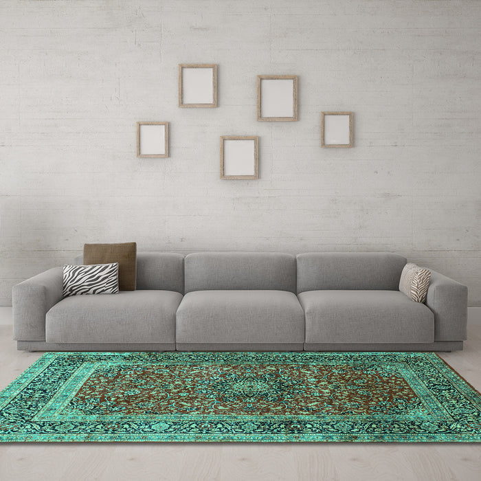 Machine Washable Medallion Turquoise Traditional Area Rugs in a Living Room,, wshtr72turq