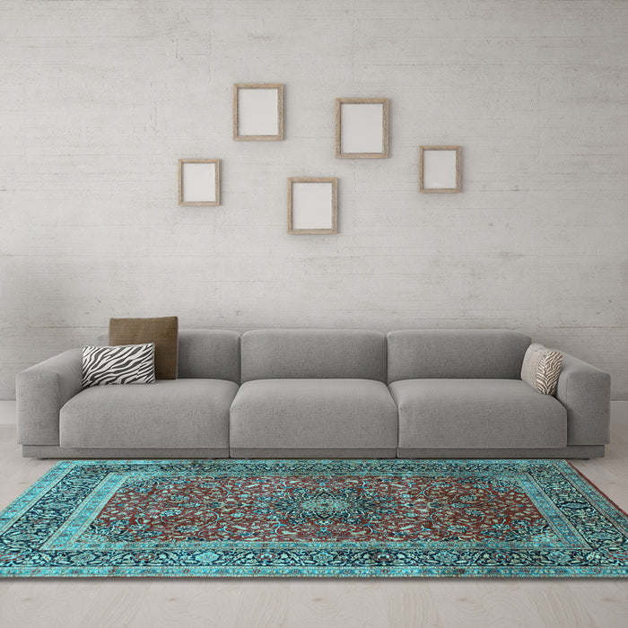 Machine Washable Medallion Light Blue Traditional Rug in a Living Room, wshtr72lblu