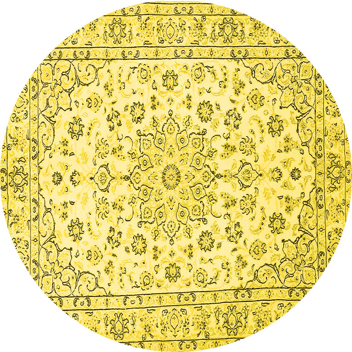 Round Machine Washable Medallion Yellow Traditional Rug, wshtr730yw
