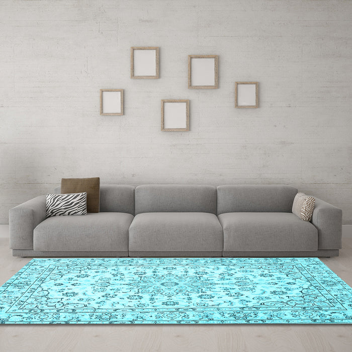 Machine Washable Medallion Light Blue Traditional Rug in a Living Room, wshtr730lblu