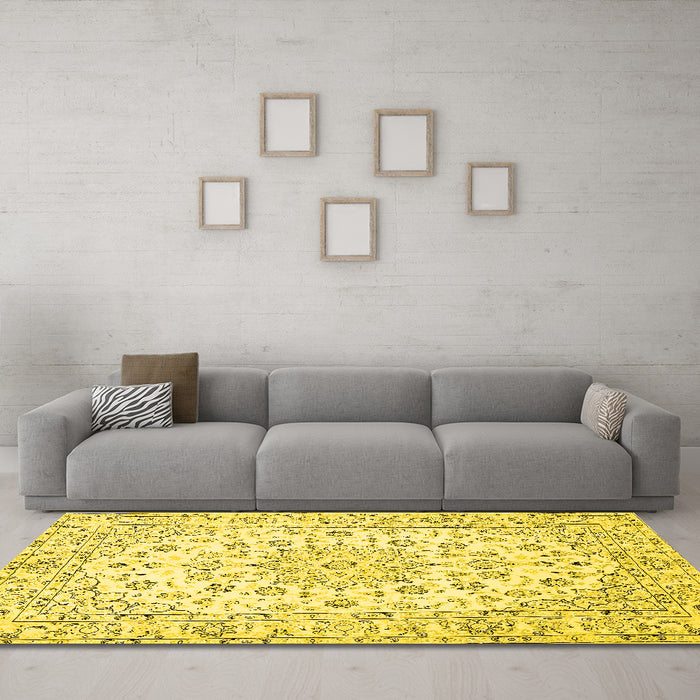 Machine Washable Medallion Yellow Traditional Rug in a Living Room, wshtr730yw