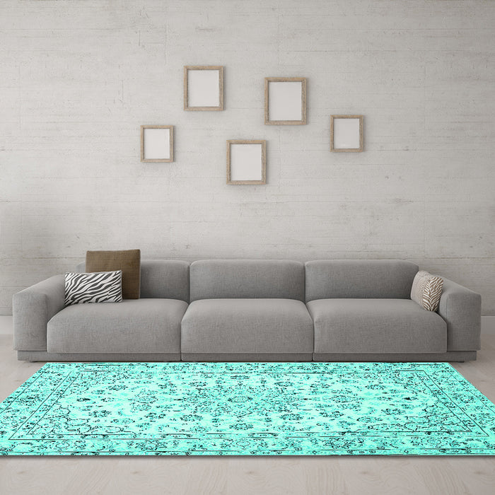 Machine Washable Medallion Turquoise Traditional Area Rugs in a Living Room,, wshtr730turq