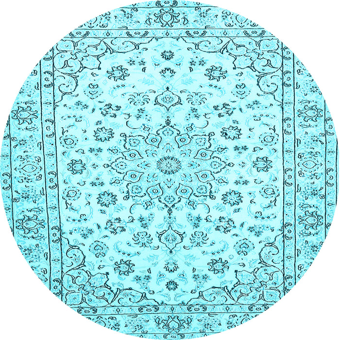 Round Machine Washable Medallion Light Blue Traditional Rug, wshtr730lblu