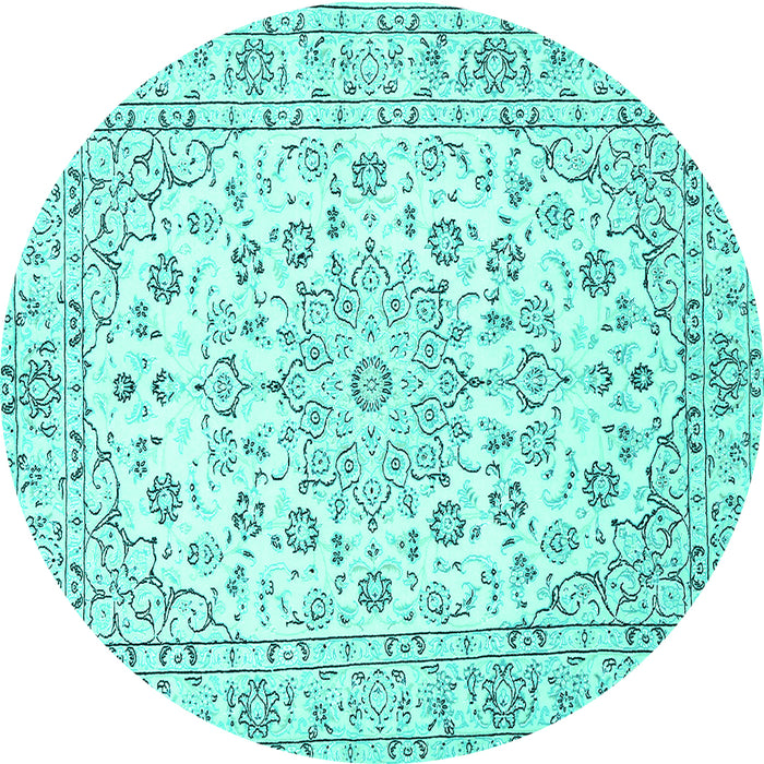Round Machine Washable Medallion Turquoise Traditional Area Rugs, wshtr730turq
