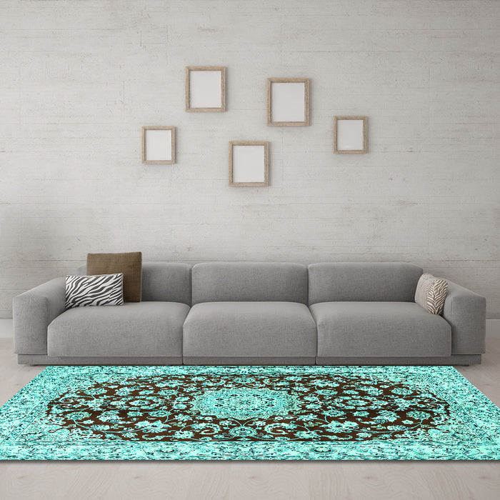 Machine Washable Medallion Turquoise Traditional Area Rugs in a Living Room,, wshtr731turq