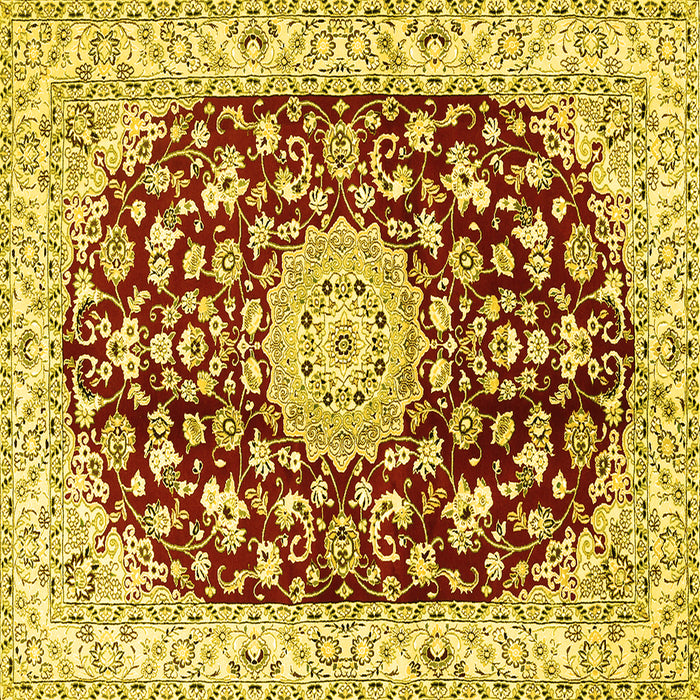 Square Machine Washable Medallion Yellow Traditional Rug, wshtr731yw