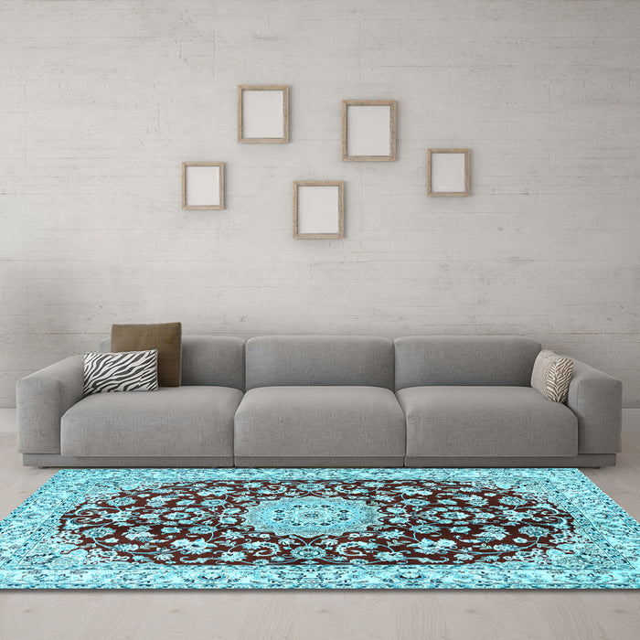 Machine Washable Medallion Light Blue Traditional Rug in a Living Room, wshtr731lblu